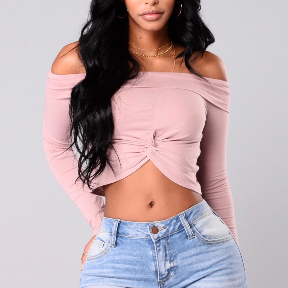 NWOT Fashion Nova mauve Bardot front knot crop top